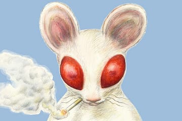 an illustration of a white mouse with red eyes, the mouse is smoking